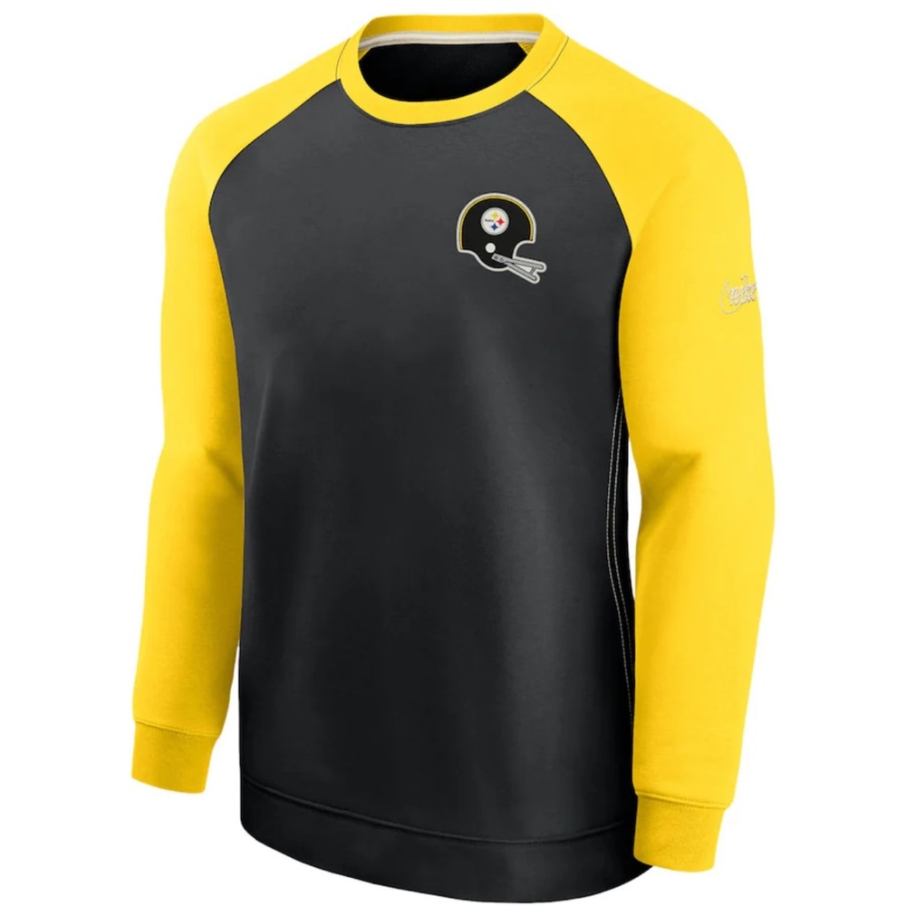 Men’s Nike Pittsburgh Steelers Nike Dri-Fit Raglan Crew Sweatshirt Gold & Black - Picture 1 of 8